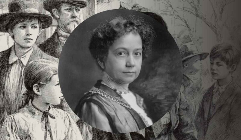 Portrait of Annie Fellows Johnston framed over a vintage illustration of children from the early 20th century