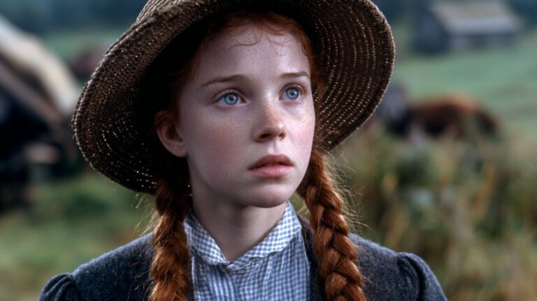 A young girl with red braided hair wearing a straw hat and old-fashioned clothing, gazing thoughtfully into the distance outdoors.