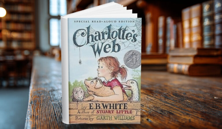 Book cover of Charlotte’s Web by E. B. White showing a girl holding a pig with a spider hanging nearby, set against a blurred library background