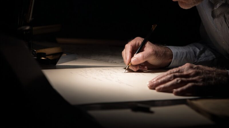 Close-up of an author’s hands writing on parchment with a fountain pen under warm light in a dimly lit room.