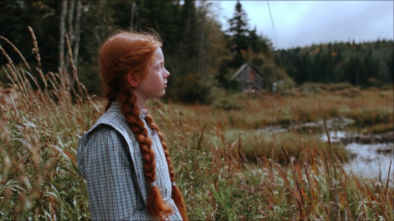A young girl with long red braids stands in a grassy field beside a pond, gazing thoughtfully into the distance