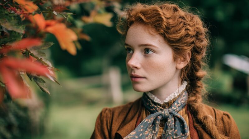 A young red-haired girl in period clothing with a soft gaze stands outdoors near autumn leaves