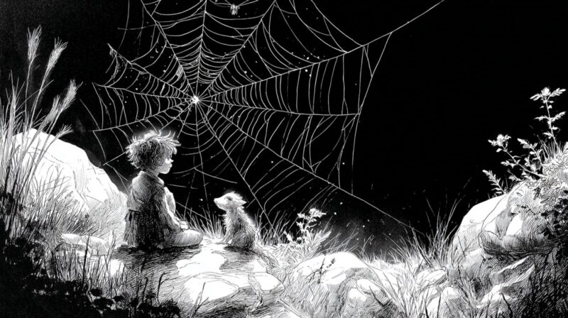 Black-and-white drawing of a young child sitting beside a small animal, both looking at a large spiderweb glistening in the moonlight
