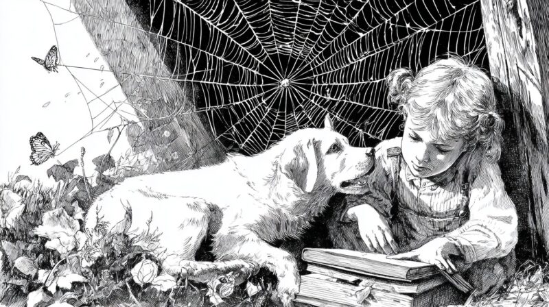 Black-and-white drawing of a young girl and her dog lying near a spiderweb, with butterflies fluttering nearby as the girl reads a book